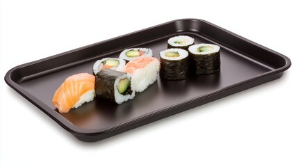 Assorted sushi rolls elegantly arranged on a black tray, showcasing vibrant color and textures