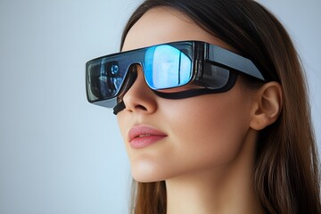 Fototapeta premium Young woman wearing futuristic augmented reality smart glasses with reflective lenses, looking ahead with a confident expression, representing advanced technology and innovation