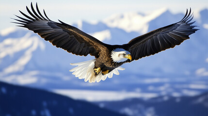 Fototapeta premium A powerful eagle gliding effortlessly over snow-capped peaks, scanning the valley below with sharp eyes