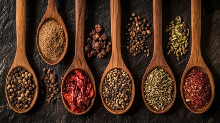 Assorted Spices and Seasonings in Wooden Spoons on Dark Surface