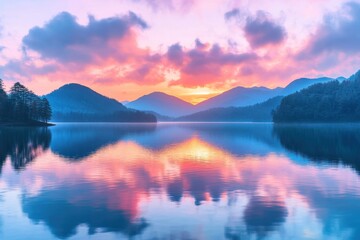 Fototapeta premium Serene lake reflection at dawn with pastel sky and distant mountains creating a peaceful landscape scene