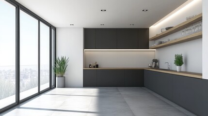 Fototapeta premium A minimalist kitchen with wooden shelves, clean countertops, and few items. Open space for promoting a minimalist lifestyle.