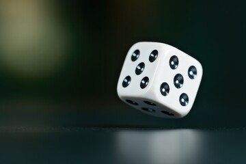 close-up of dice roll showing sixes resting on solid black table with blurred edges for dramatic effect