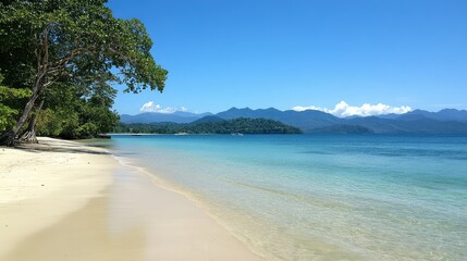 A pristine beach with clear turquoise water, perfect for a local vacation. Clean, sunny space for promotional content.