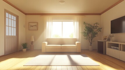 A simple minimalist living room with a single sofa, neutral tones, and ample space for promoting decluttered living.