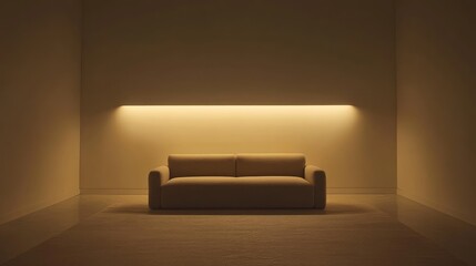 A simple minimalist living room with a single sofa, neutral tones, and ample space for promoting decluttered living.