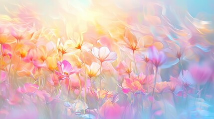 A lush field is filled with blooming flowers in various shades, illuminated by the soft glow of sunrise. The colors blend harmoniously, creating a serene atmosphere