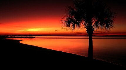 Obraz premium Fiery Sunset Beach Palm Tree Silhouette