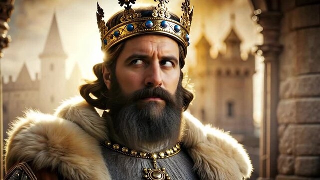 Nervous king with a crown in the head and blurry ancient castle in the background 4K