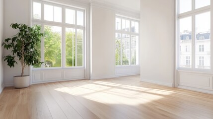 Fototapeta premium Bright studio room with a modern aesthetic, featuring white walls, light wood floors, and large windows. A calm and inviting space. Copy space.