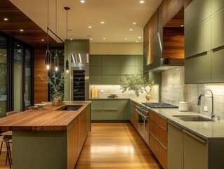 Modern green and wood toned kitchen with island and appliances is shown