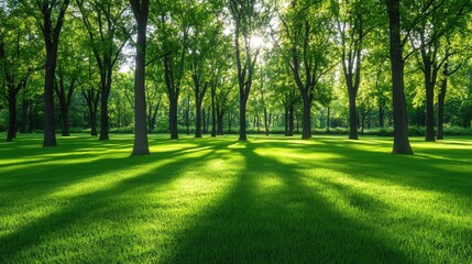 Obraz premium Calm forest scene with soft morning light filtering through trees, creating a peaceful and reflective atmosphere. Copy space.