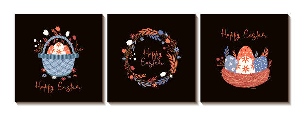 Happy Easter set of cards with a basket, wreath and nest with eggs. Greeting card, poster, banner. Vector illustration © BonumArt
