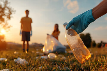 Group of volunteers cleaning park at sunset - environmental conservation efforts, Earth Day