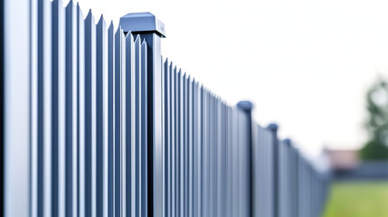 Obraz premium Modern metal fence with vertical slats and clear background, showcasing durability and design