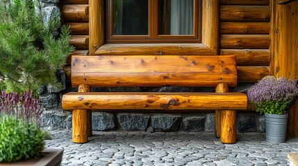 A cozy corner on the porch of a wooden house. A wooden bench, next to a small table with a green potted plant.
