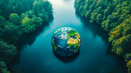 The globe of the Earth, partially immersed in calm water, surrounded by a dense green forest. It seems that the globe is floating on a river or lake surrounded by trees.