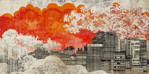 Fototapeta premium The urban cityscape beneath a stylized vibrant orange cloud design