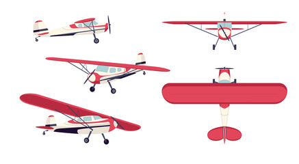 Cartoon Color Different Propeller Planes Set Concept Flat Design Style. Vector illustration of Farm Airplane for Spraying Meadows and Fields © bigmouse108