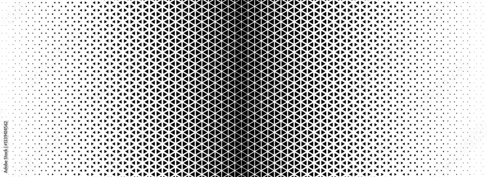 Poster Triangle halftone gradient texture. Geometric triangular tech pattern background. Black abstract vanishing gradation wallpaper. Vector fading mosaic pop art backdrop for poster, banner, booklet