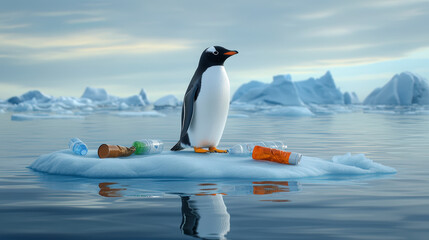 Obraz premium A penguin on a small ice floe surrounded by plastic bottles, highlighting pollution in its Arctic habitat, reflecting on water.