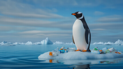 Fototapeta premium A penguin stands on a small iceberg surrounded by plastic waste, highlighting the impact of pollution in Arctic environments.