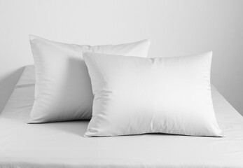 Two white pillows on the bed, covered with a white sheet, there are two white pillows with pillowcases. Close-up photo. Front view. Suitable for mockup