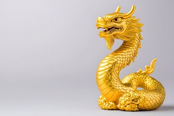 Obraz premium Imposing Golden Chinese Snake Statue in Serene Misty Atmosphere Powerful and Radiant Metal Sculpture with Intricate Carving