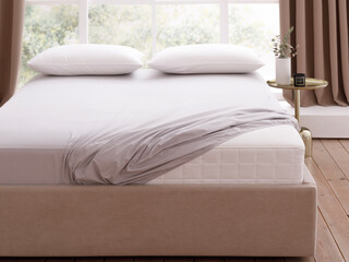 Bedroom with window, wooden floor, double bed with mattress, covered by fitted sheet and two pillows. Mattress corner is visible. Bedside table next to the bed. Front view photo. Suitable for mockup