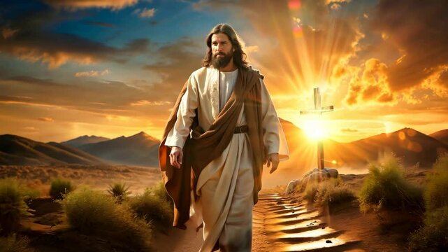 Jesus Christ walking in white with sun rays effects 4K