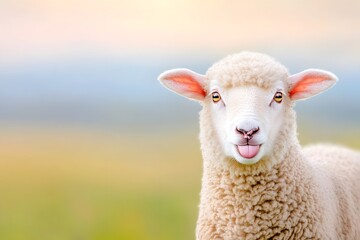 Fototapeta premium Adorable Sheep Selfie with Tongue Hanging Out in Countryside Field