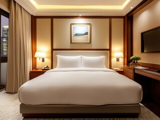 Elegant hotel room interior showcasing a comfortable bed with soft lighting and a serene atmosphere for relaxation and rest enhanced by city view