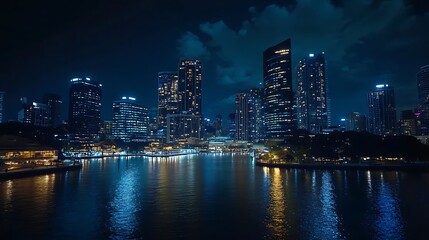 Fototapeta premium Night scenic cityscape sparkling river reflections view high resolution picture