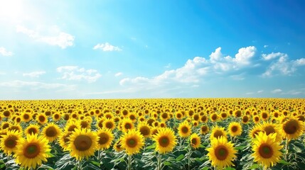 Obraz premium Endless sunflower fields under a blue sky, ideal for showcasing the beauty of local rural destinations.