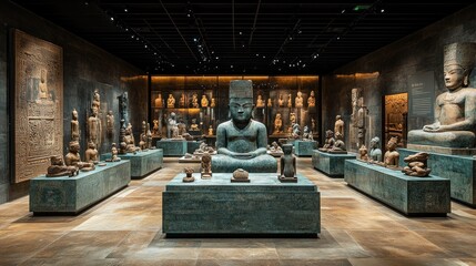 Ancient Khmer statues displayed in a dimly lit museum gallery