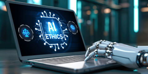 AI ethics responsibility standard law and rules on computer screen provide report of AI ethic transparency preventing technology crime. brisk