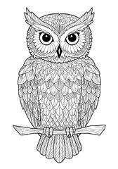 Fototapeta premium Intricate Mandala Owl: A Detailed Coloring Page Featuring a Majestic Bird on a Branch