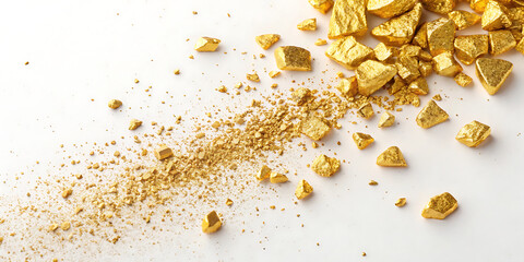 A pile of small gold nuggets on a white background