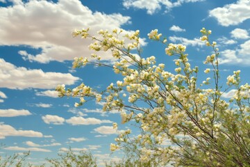 Creosote Bush Blooming in Desert Spring Against White Sky