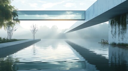 Spanning river modern glass bridge scenic greenery high resolution picture