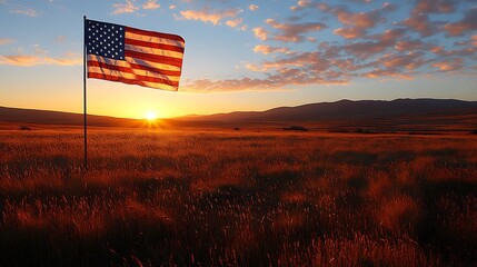American flag waving at sunset in a field.