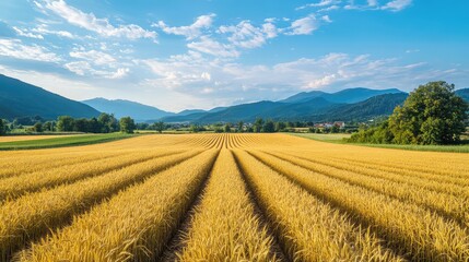 Obraz premium Golden wheat fields stretching across the countryside, offering a glimpse of peaceful rural tourism experiences.