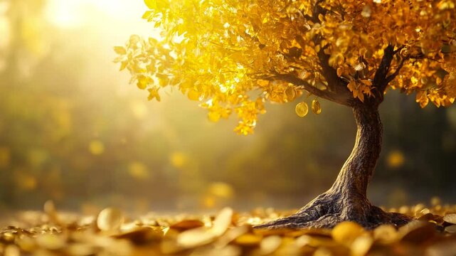 &Aacute;rbol dorado con monedas cayendo lentamente y acumul&aacute;ndose en un mont&oacute;n brillante bajo una luz c&aacute;lida y m&aacute;gica.