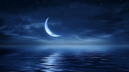 Fototapeta premium Crescent moon over calm sea at night (1)