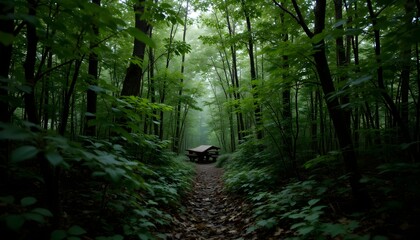 Obraz premium The camera slowly pans through a lush forest, capturing the intricate patterns and textures of the leaves, branches, and undergrowth in stunning detail.