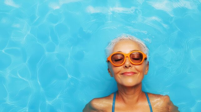 Elderly woman swimming in a tranquil pool, lowimpact fitness