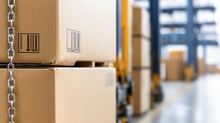 Shipping boxes with barcodes in warehouse, showcasing logistics and inventory management