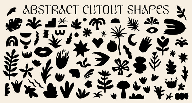 Abstract cutouts shapes design elements set with vector illustration of different types exotic leaves and flowers, tropical plants, birds, folk nature objects, geometric silhouette in boho aesthetic