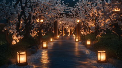 A romantic evening stroll beneath glowing lanterns, surrounded by cherry blossoms gently illuminated at night