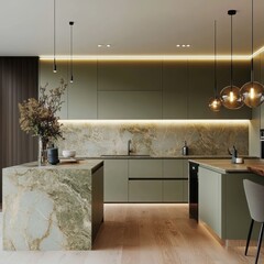 A modern kitchen interior featuring a marble island and cabinets